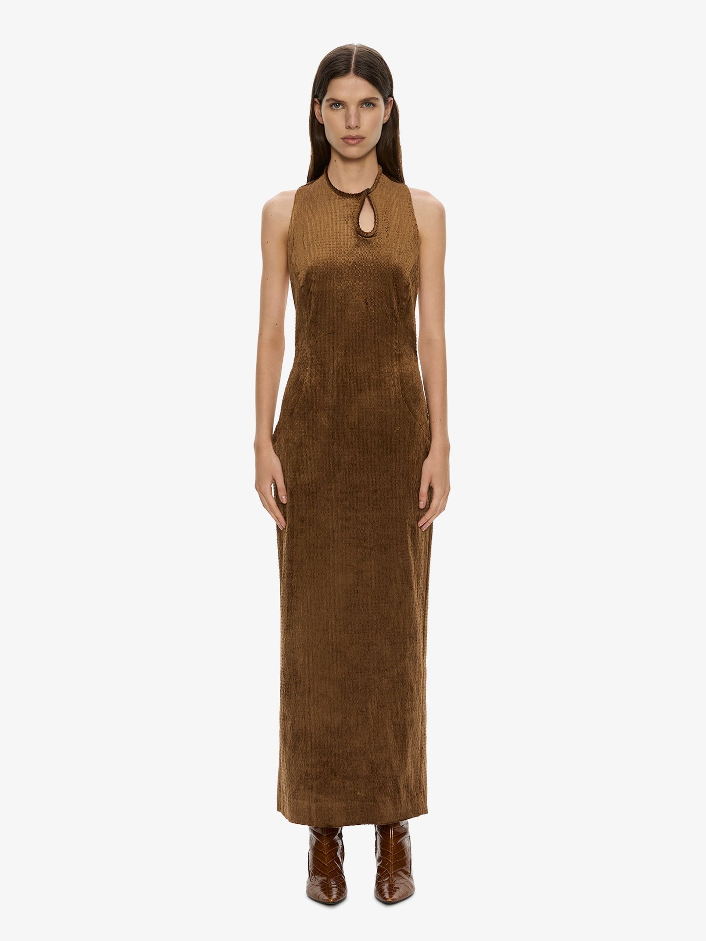 Image of Dresses. Product name - Delvine Column Dress in Cognac colour by brand - CHRISTOPHER ESBER