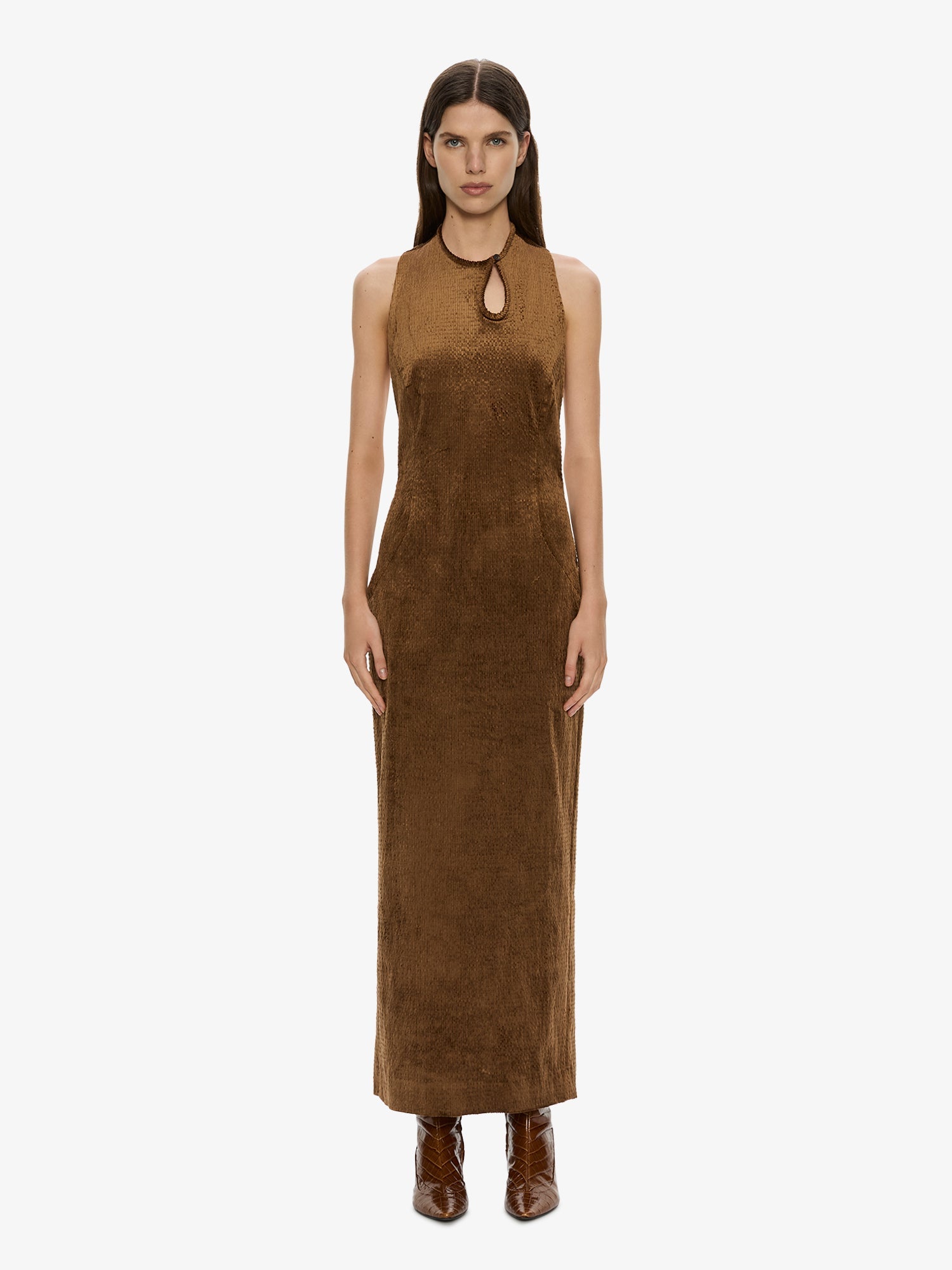 Image of Dresses. Product name - Delvine Column Dress in Cognac colour by brand - CHRISTOPHER ESBER