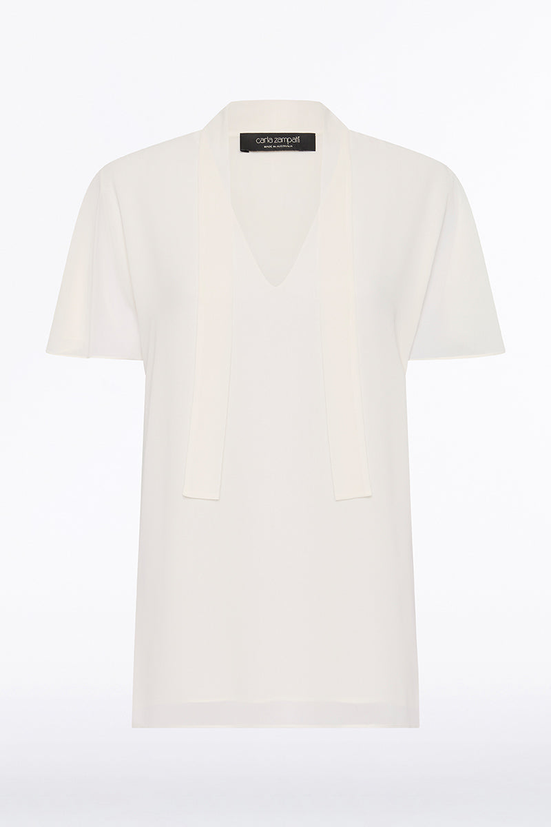 Carla Zampatti Georgette Fluted Tie Top (Cream)