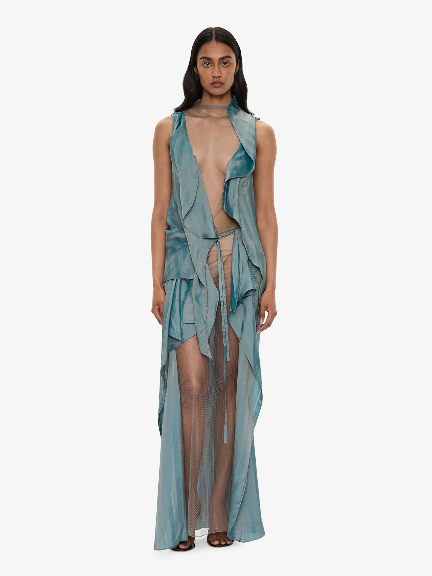 Image of a model wearing Skirts. Product name - Kacere Towel Drape Column Skirt in Green colour by brand - CHRISTOPHER ESBER