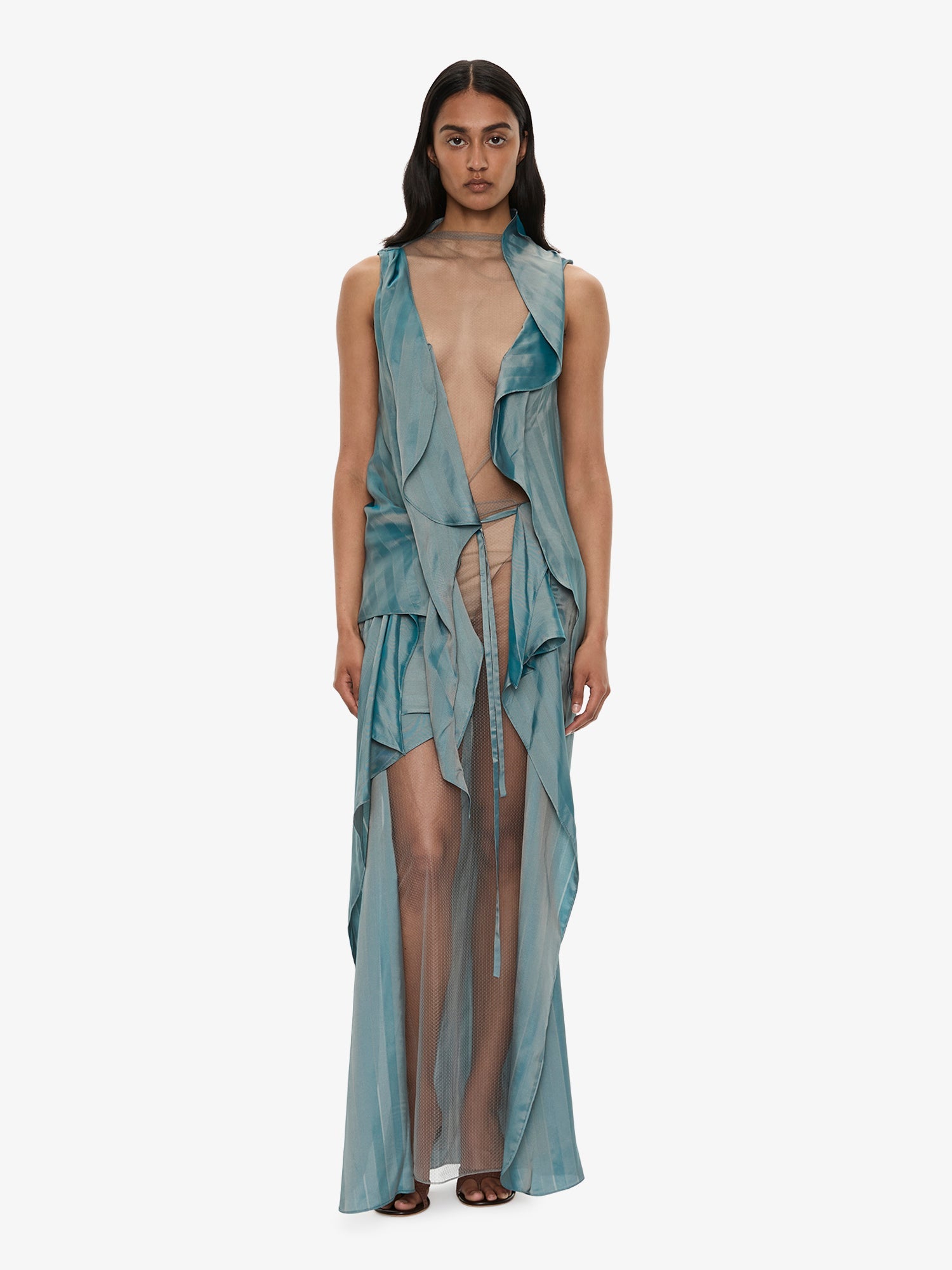 Image of a model wearing Skirts. Product name - Kacere Towel Drape Column Skirt in Green colour by brand - CHRISTOPHER ESBER