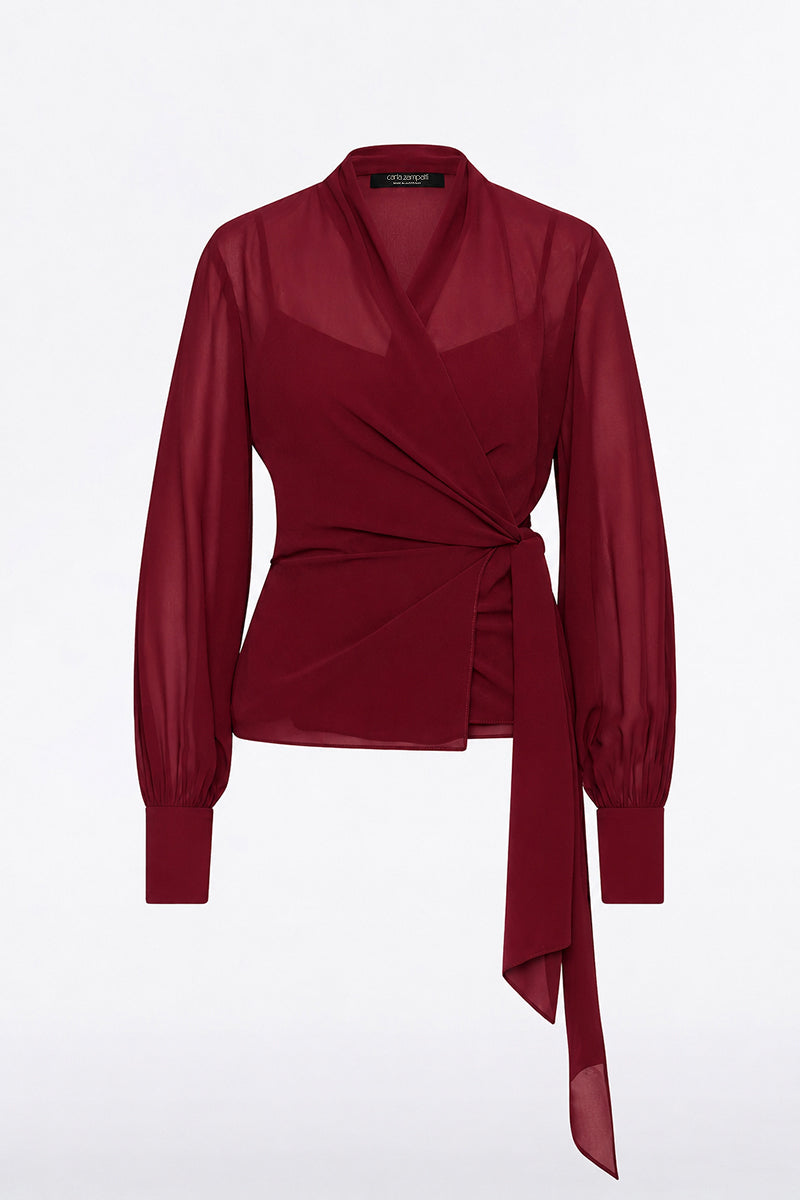Carla Zampatti Cabernet Georgette Long Sleeve Wrap Blouse (Red)