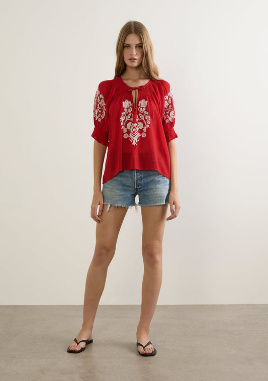 Image of a model wearing Tops. Productname: Auguste The Label Indra Embroidered Blouse in Red colour by brand - Auguste The Label