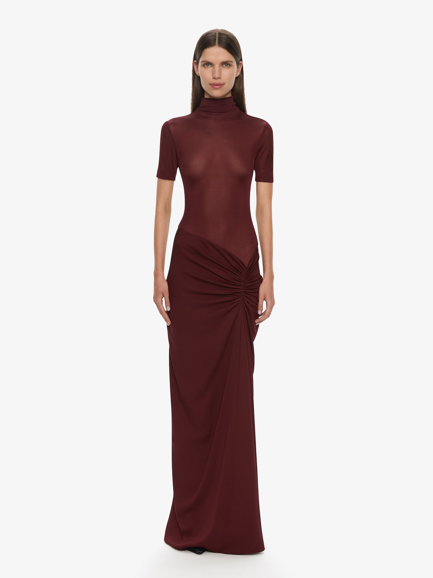 Image of Dresses. Productname: CHRISTOPHER ESBER Fusion Ruched Tee Gown in Maroon colour by brand - CHRISTOPHER ESBER