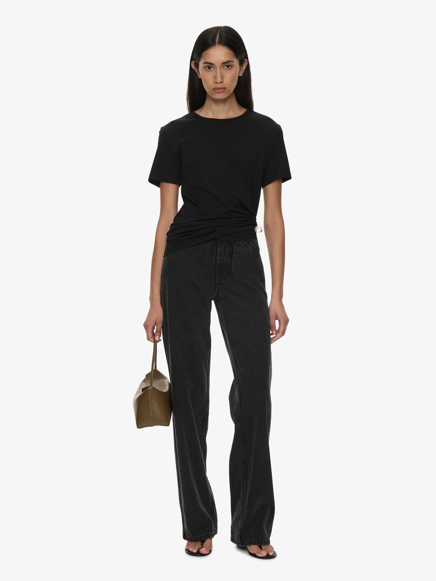 Image of a model wearing Tops. Product name - Bree Quartz Tee in Black colour by brand - CHRISTOPHER ESBER