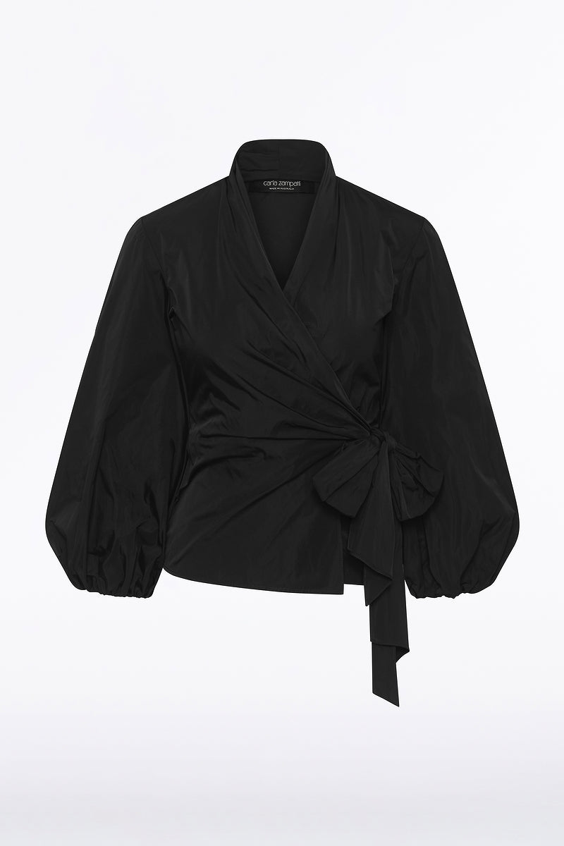 Carla Zampatti Taffeta Puff Sleeve Wrap Top (Black)