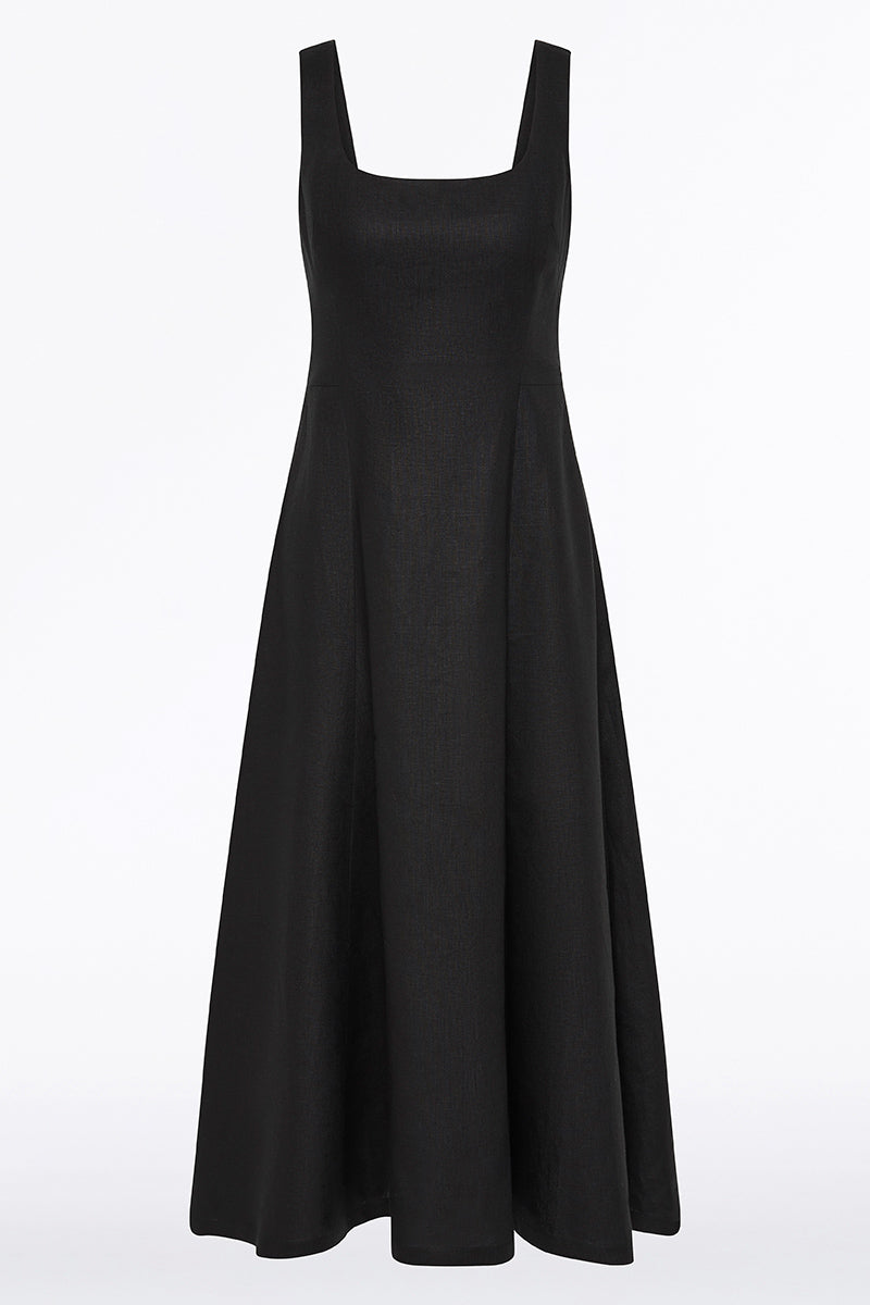 Carla Zampatti Linen Square Neck Midi Dress (Black)