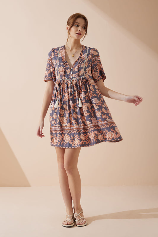 Image of Dresses. Productname: Heychic Amarante Peach Floral Boho V-Neck Mini Dress in Navy colour by brand - Heychic