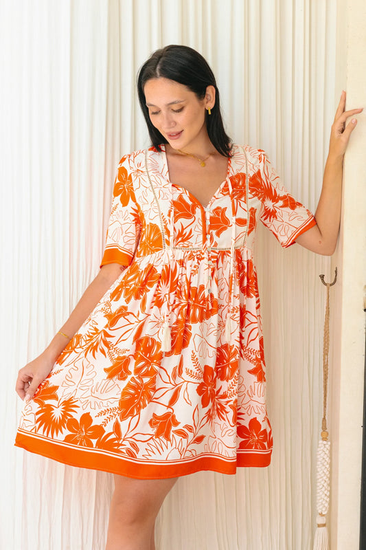 Image of Dresses. Productname: Heychic Chiara Tropical V-Neck Mini Dress in Orange colour by brand - Heychic