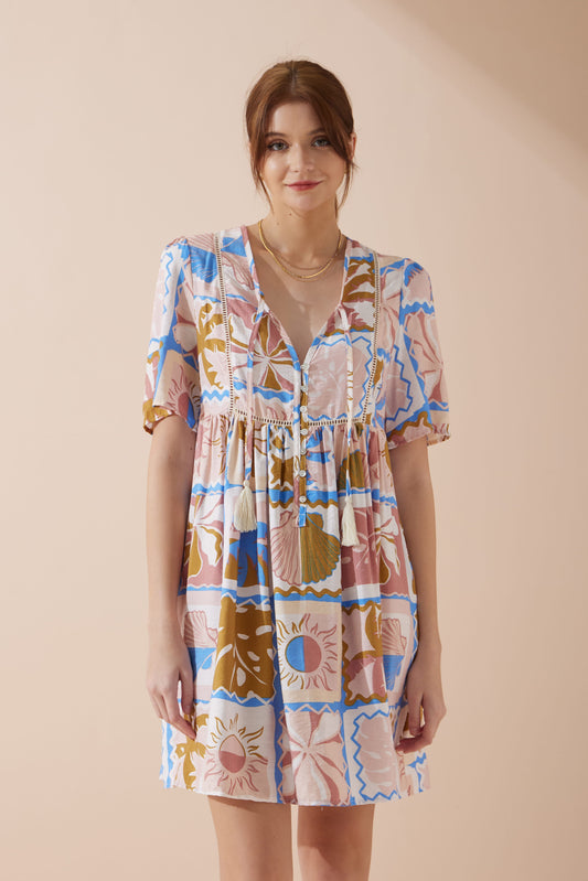Heychic Ismerie Tropical V-Neck Mini Dress (Pink)