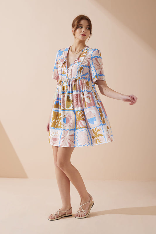 Image of Dresses. Productname: Heychic Ismerie Tropical V-Neck Mini Dress in Pink colour by brand - Heychic