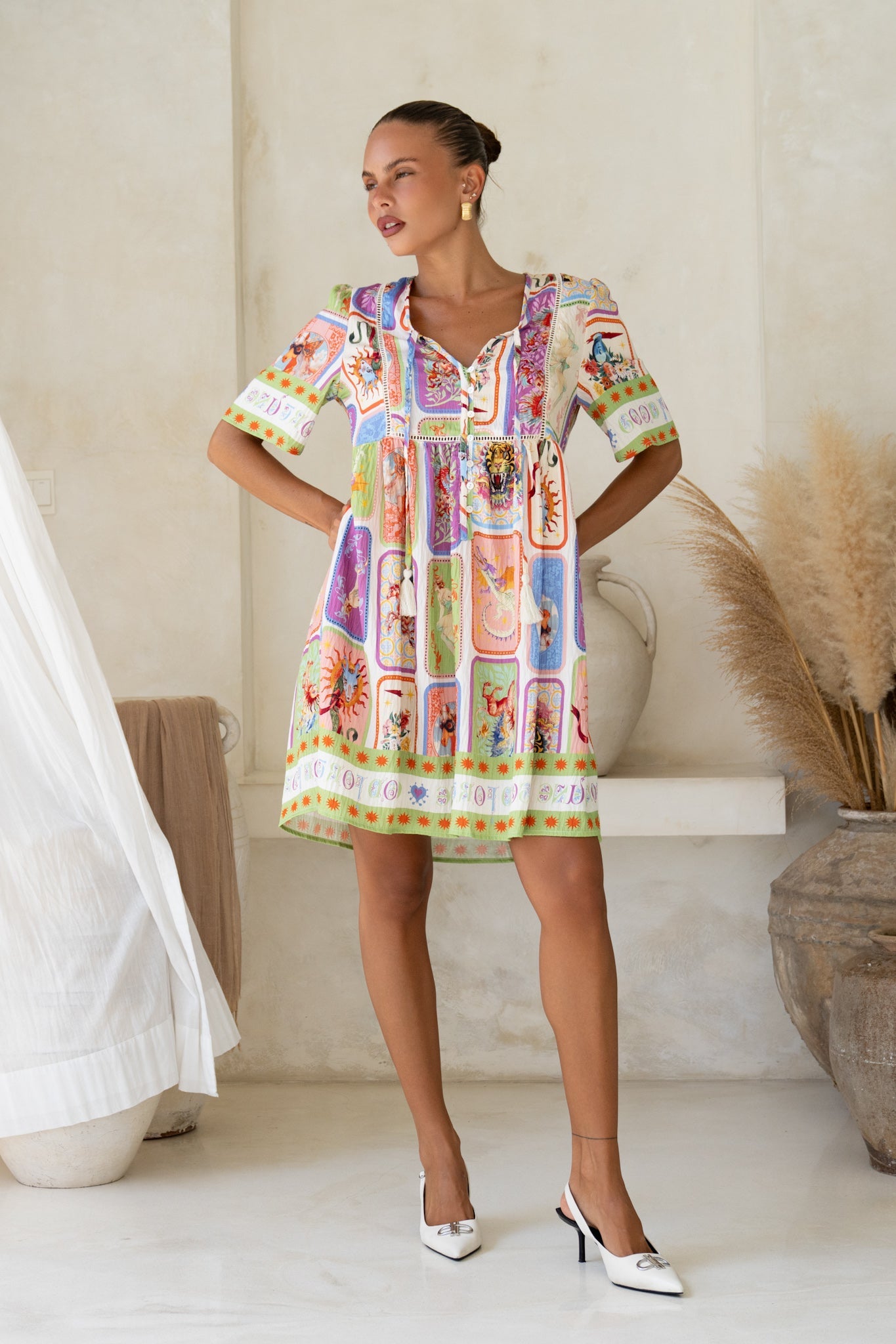 Image of Dresses. Productname: Heychic Tarot Multicolour Abstract V-Neck Mini Dress in Multi colour by brand - Heychic