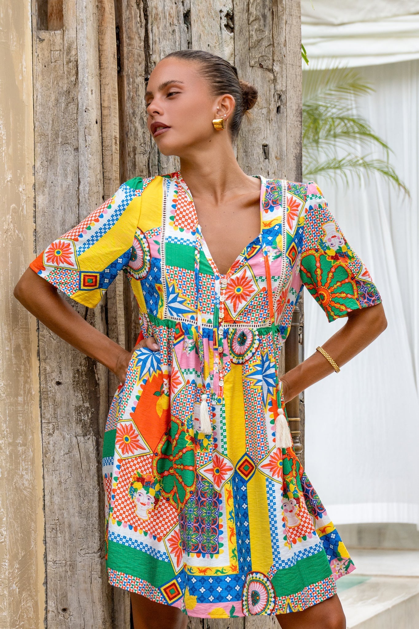 Heychic Allegra Multicolour Patchwork V-Neck Mini Dress (Multi)