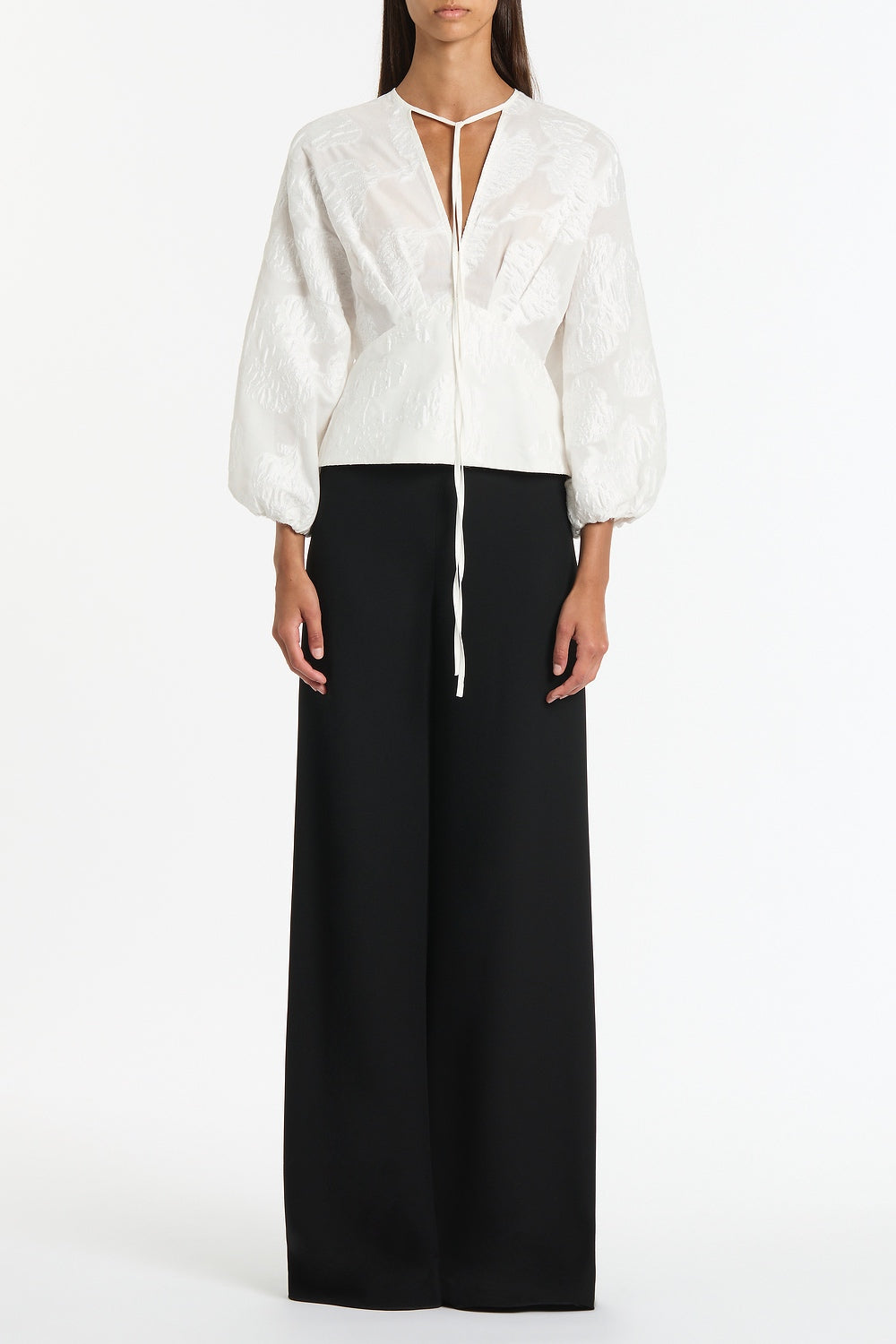 Image of a model wearing Tops. Product name - White Mesh Jacquard Puff Sleeve Blouse in White colour by brand - Carla Zampatti