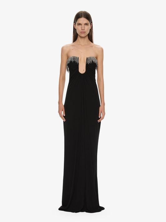 Image of Dresses. Productname: CHRISTOPHER ESBER Arced Palm Strapless Fringe Dress in Black colour by brand - CHRISTOPHER ESBER
