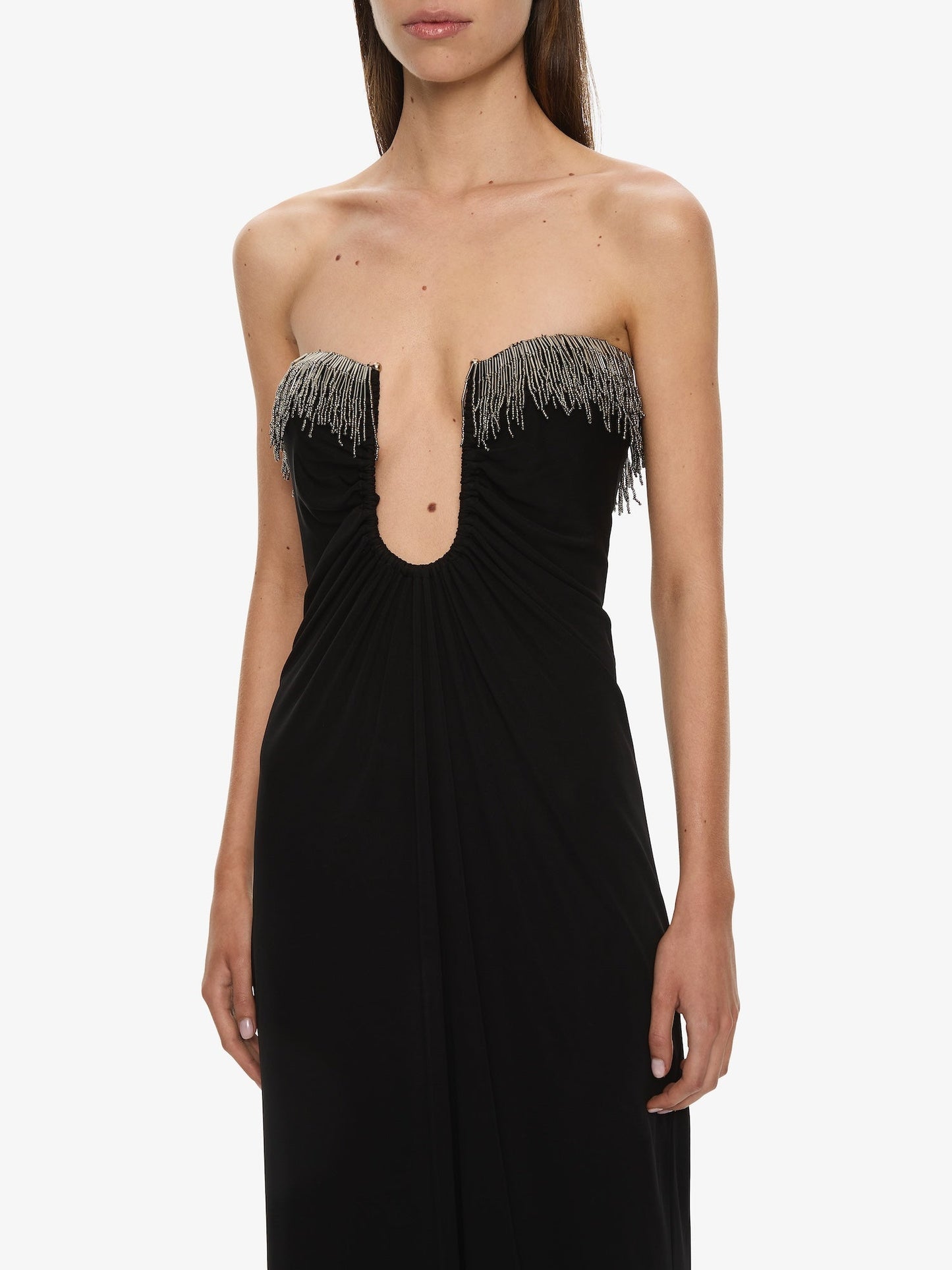 CHRISTOPHER ESBER Arced Palm Strapless Fringe Dress (Black)