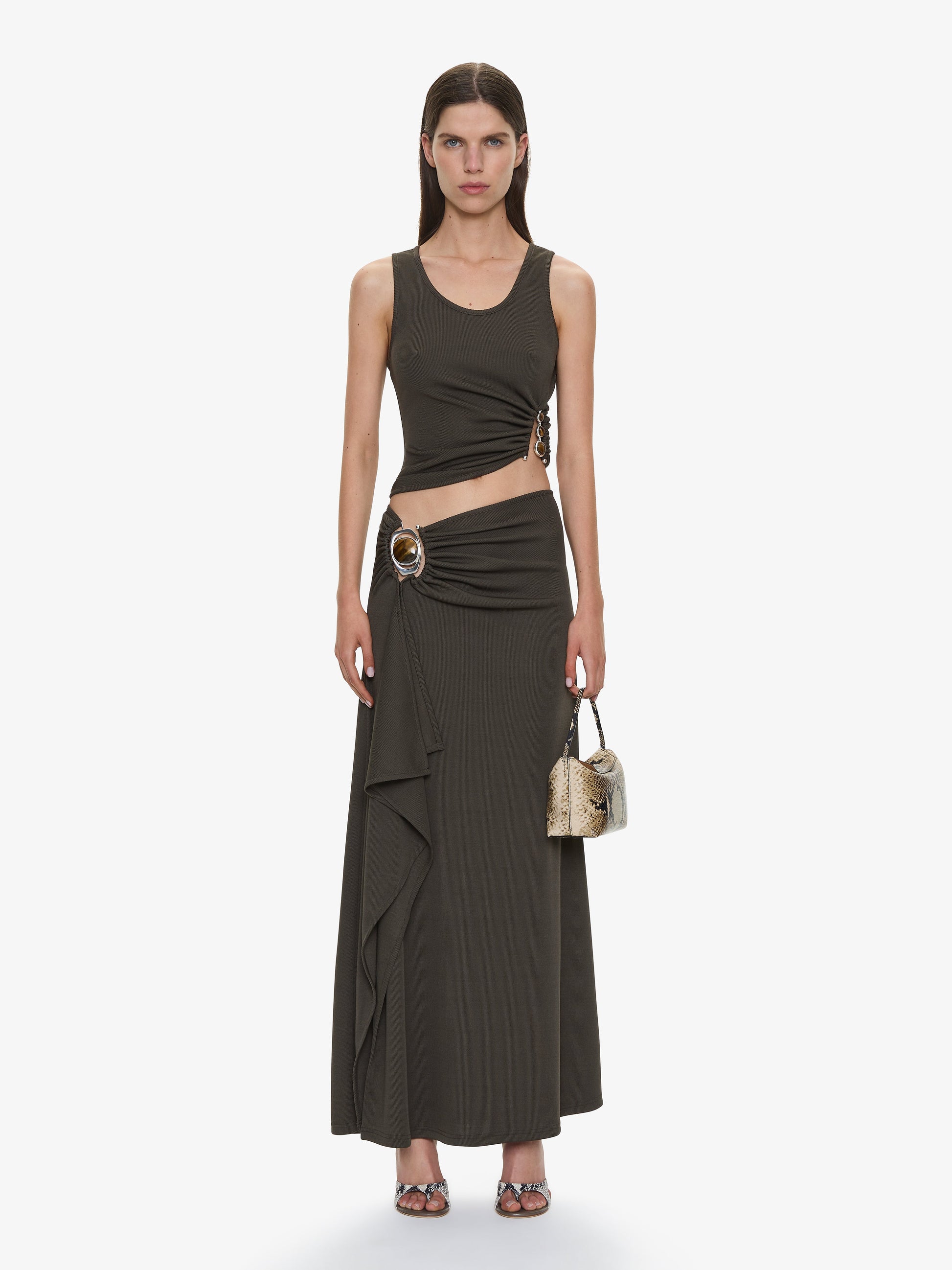 Image of a model wearing Skirts. Productname: CHRISTOPHER ESBER Occhio Crystal Cascade Skirt in Husk colour by brand - CHRISTOPHER ESBER