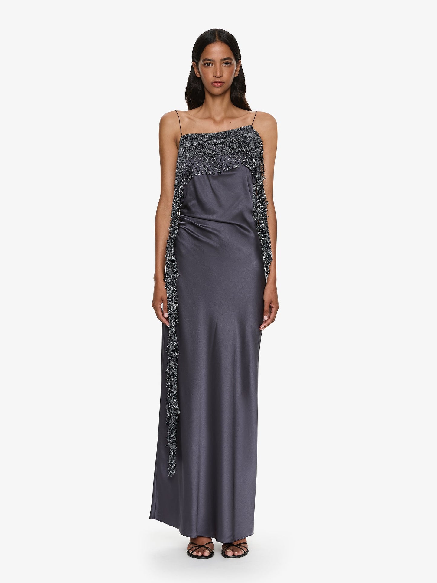 Image of Dresses. Productname: CHRISTOPHER ESBER Droplet Bead Crochet Trimmed Cami Dress in Granite colour by brand - CHRISTOPHER ESBER