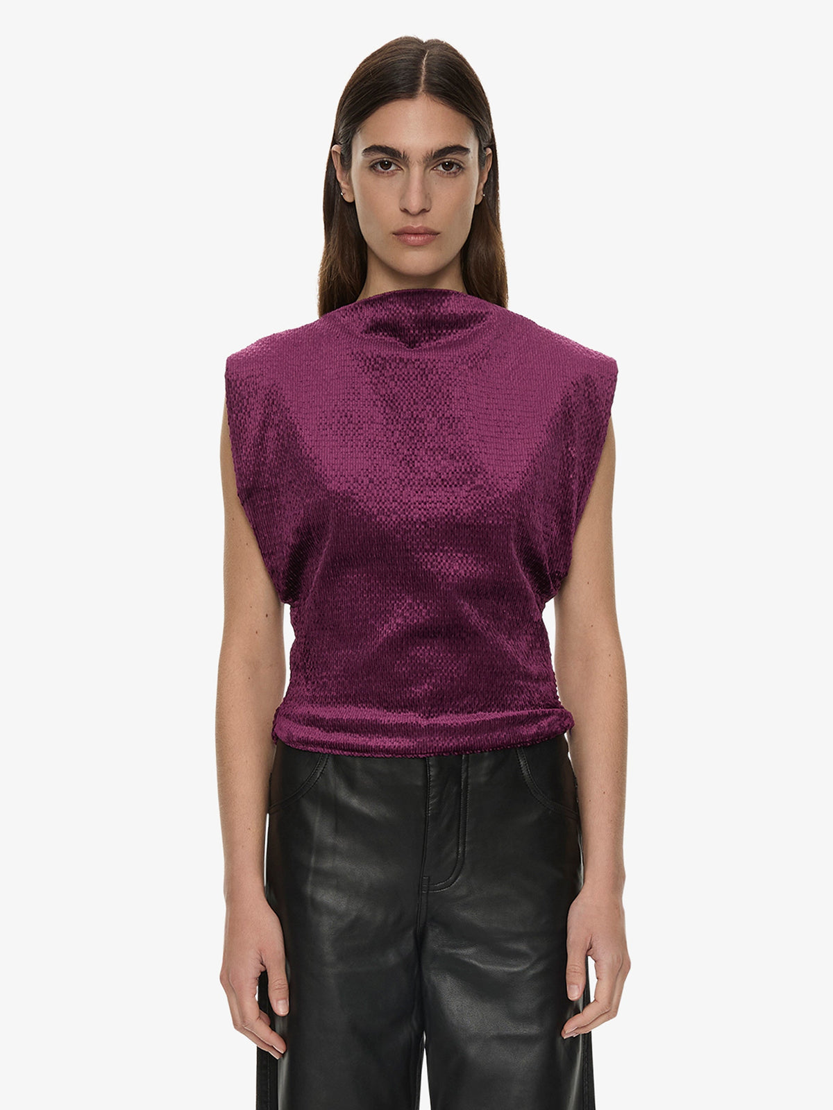 Image of a model wearing Tops. Product name - Banyan Top in Plum colour by brand - CHRISTOPHER ESBER