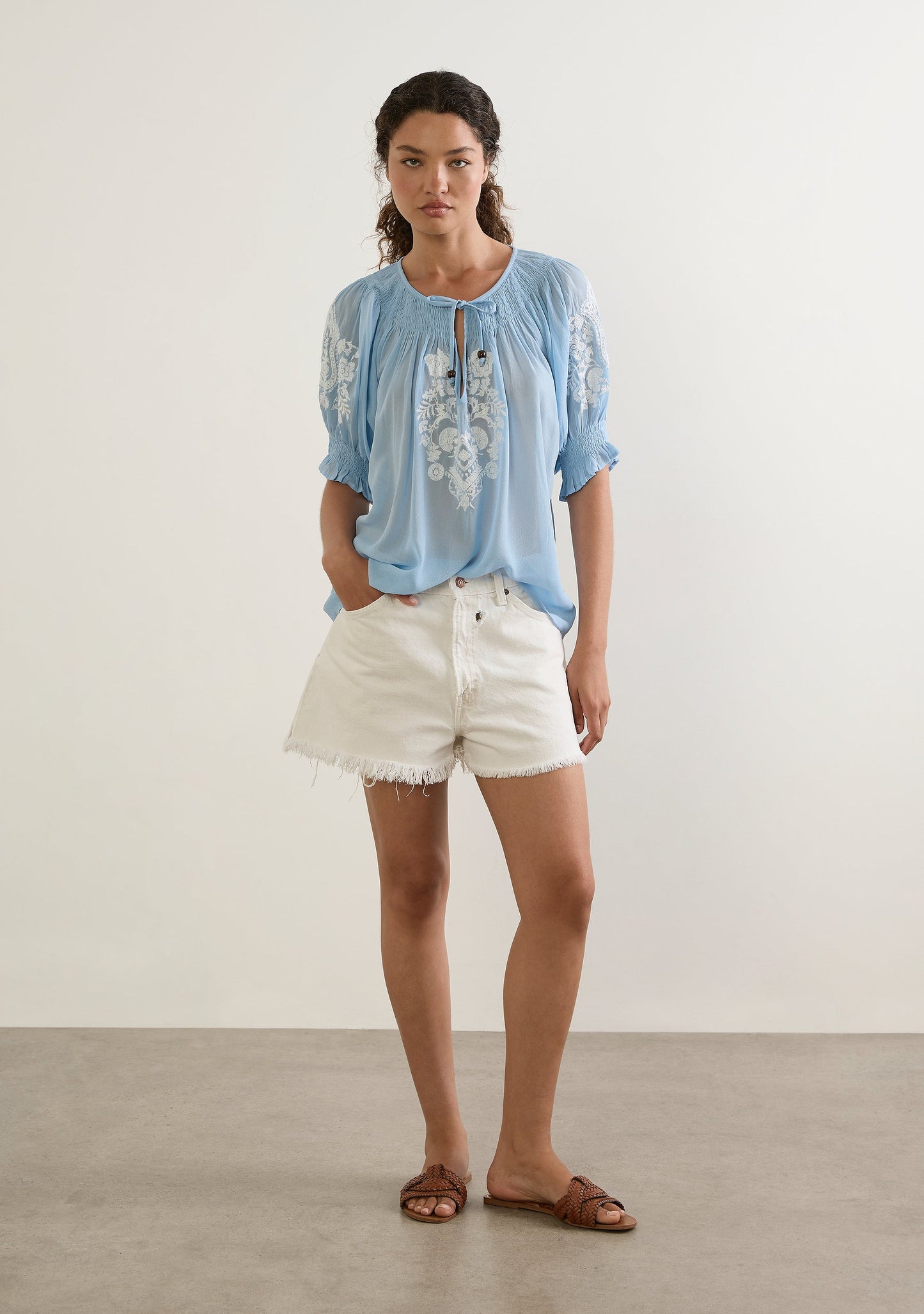 Image of a model wearing Tops. Productname: Auguste The Label Indra Embroidered Blouse in Blue colour by brand - Auguste The Label