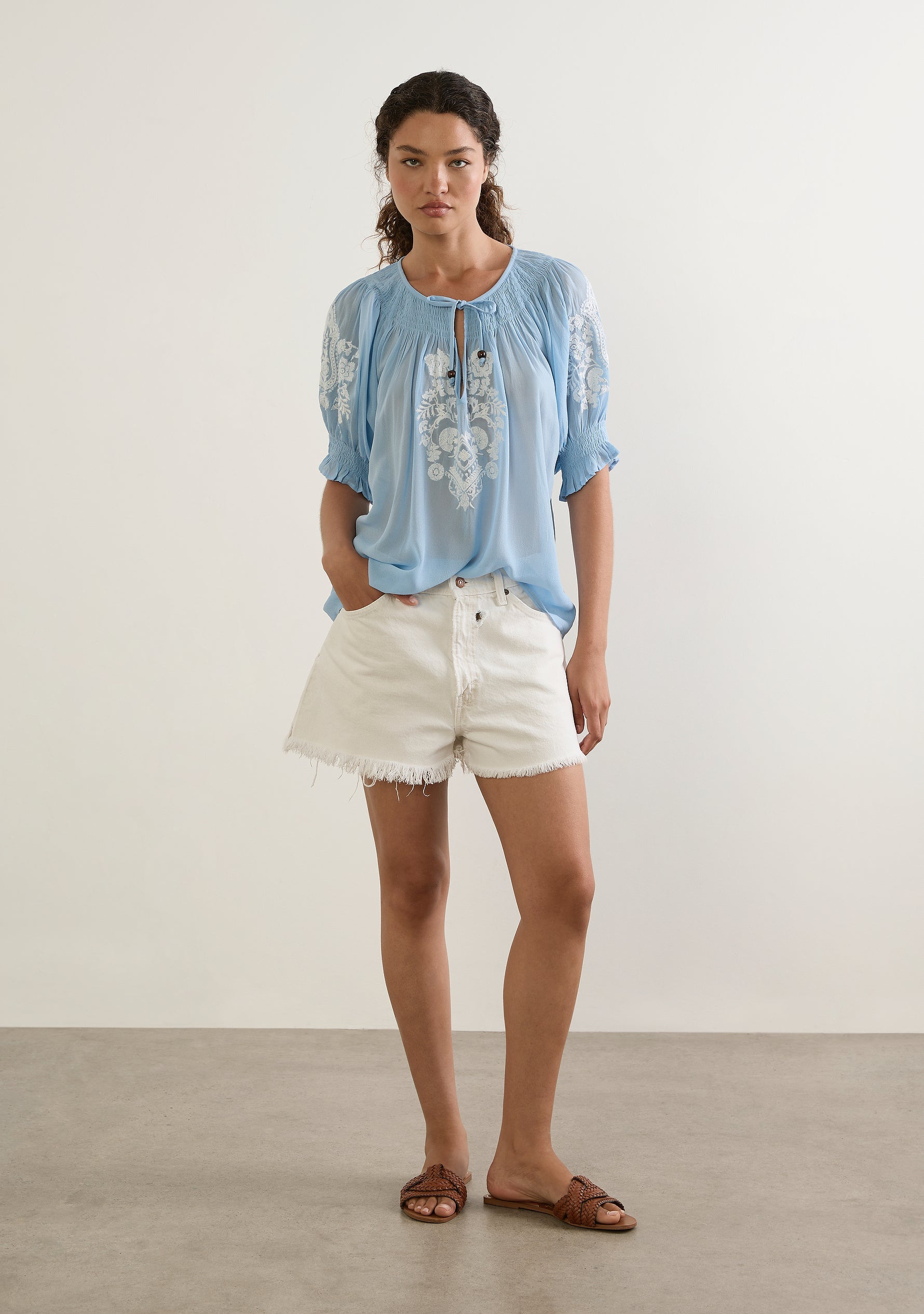 Image of a model wearing Tops. Productname: Auguste The Label Indra Embroidered Blouse in Blue colour by brand - Auguste The Label