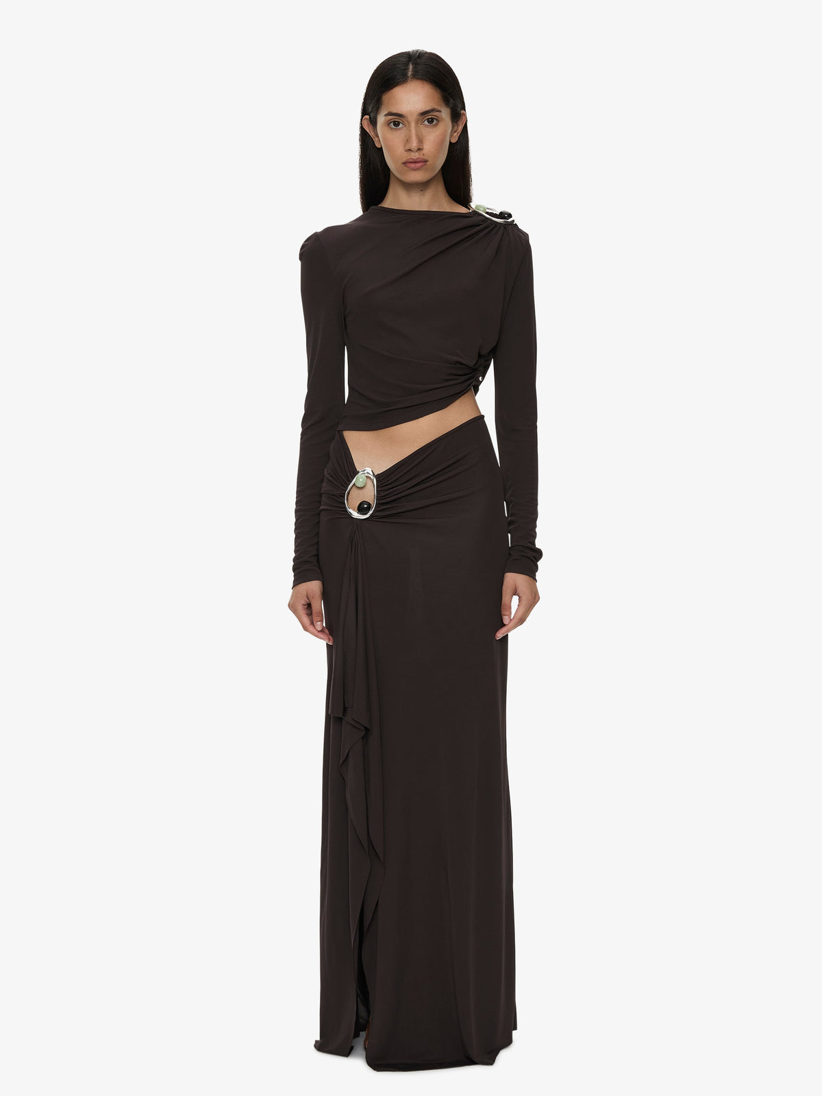 CHRISTOPHER ESBER Orica Crystal Ruched Long Sleeve Top (Molasses)