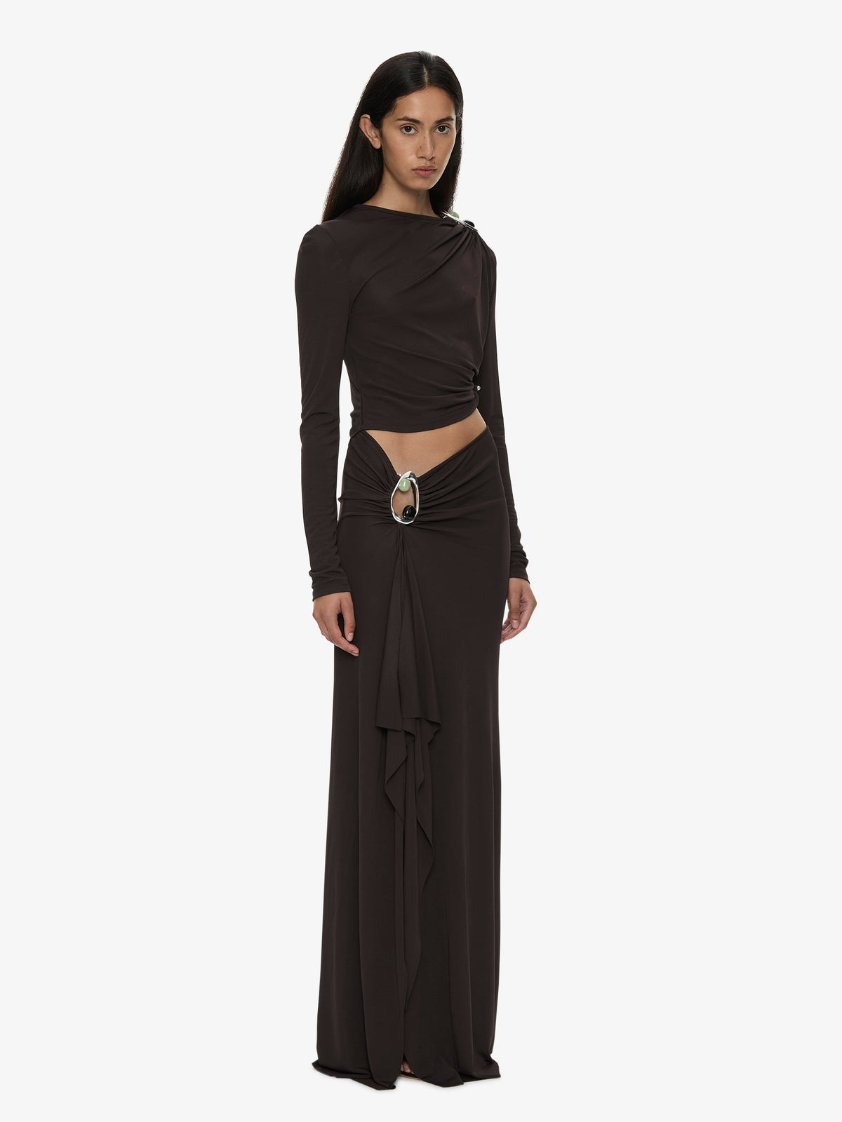 CHRISTOPHER ESBER Orica Crystal Ruched Long Sleeve Top (Molasses)