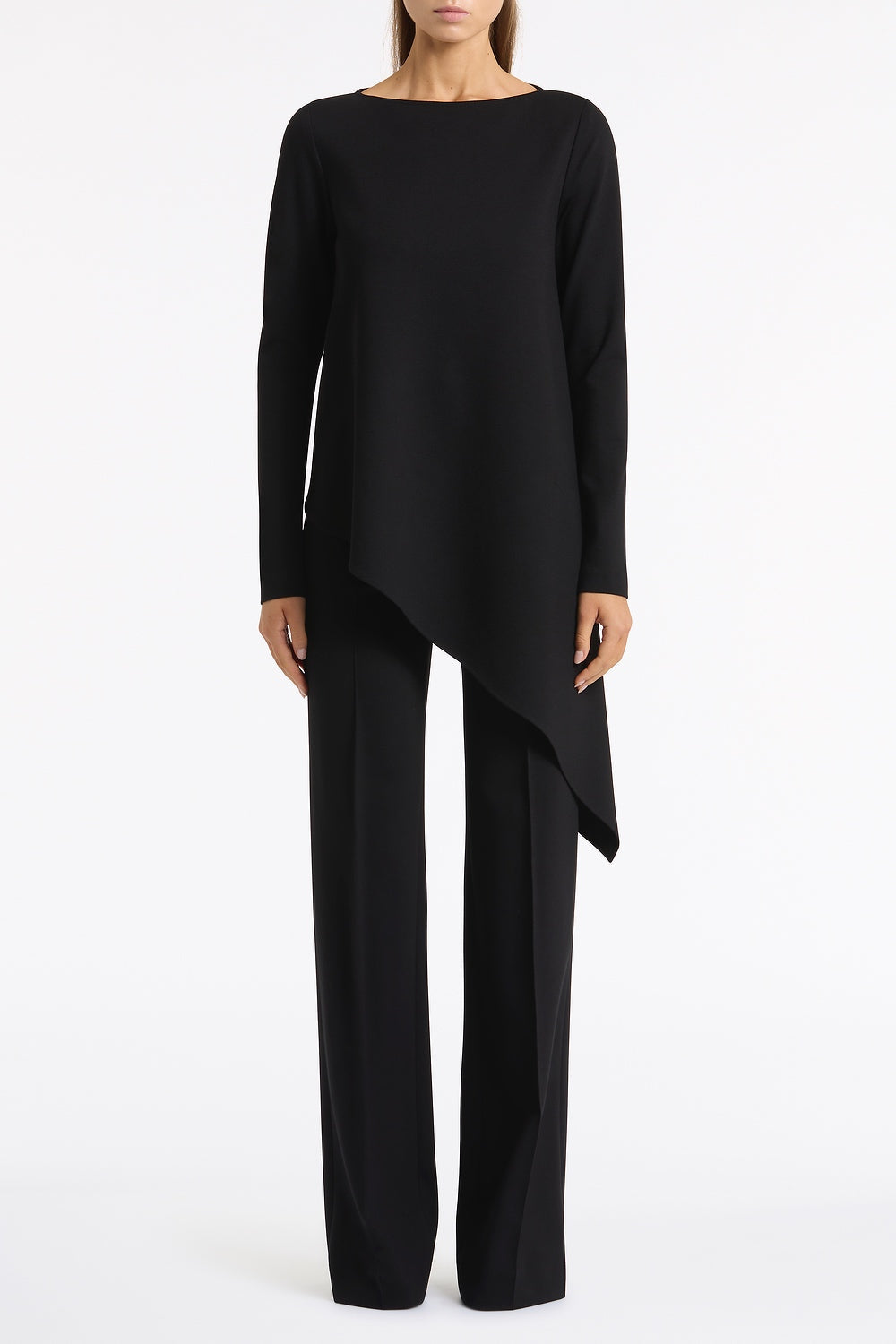 Image of a model wearing Pants. Product name - Black Ponte Wide Leg Pant in Black colour by brand - Carla Zampatti