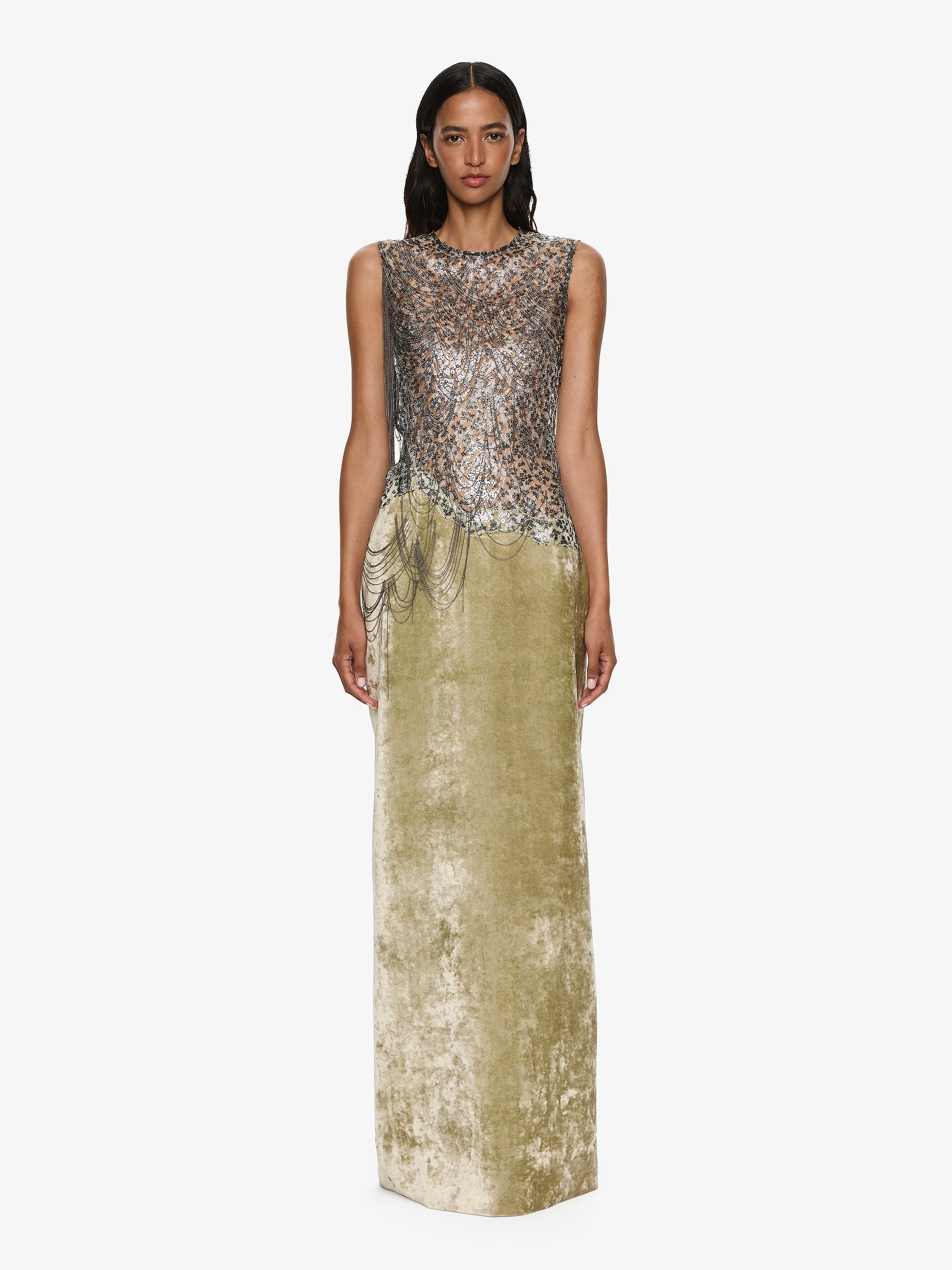 Image of Dresses. Productname: CHRISTOPHER ESBER Swept Chain Lace Velvet Column Gown in Velvet colour by brand - CHRISTOPHER ESBER