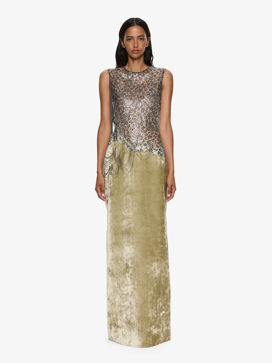 Image of Dresses. Productname: CHRISTOPHER ESBER Swept Chain Lace Velvet Column Gown in Velvet colour by brand - CHRISTOPHER ESBER