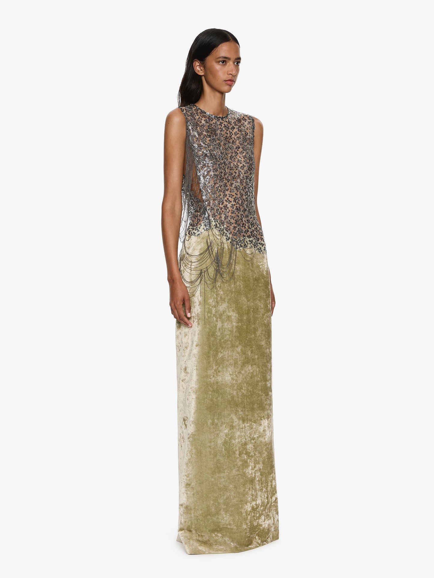 CHRISTOPHER ESBER Swept Chain Lace Column Gown (Velvet)