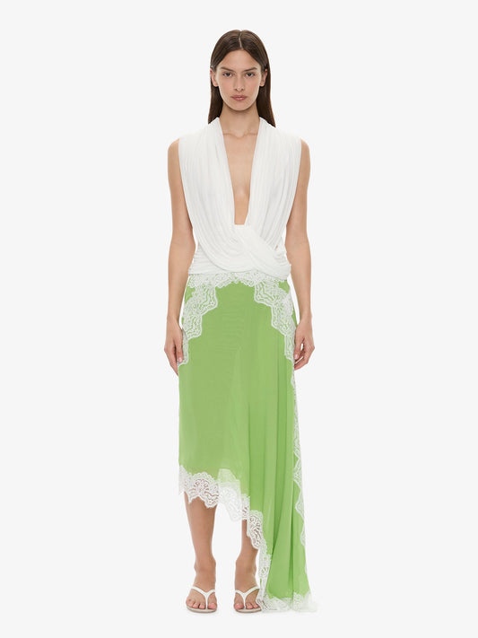 Image of a model wearing Skirts. Product name - Verve Lace Skirt in White colour by brand - CHRISTOPHER ESBER