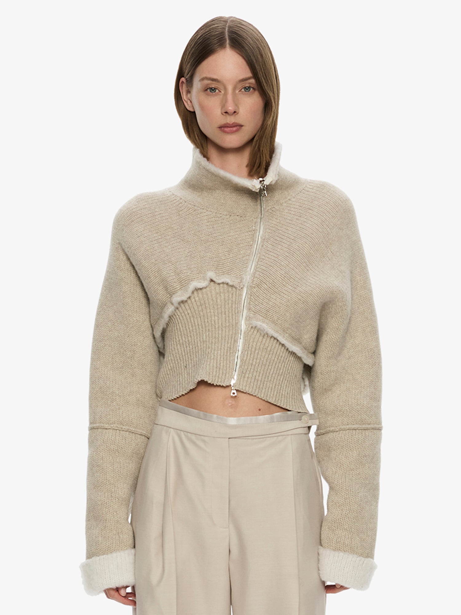 Image of a model wearing Outerwear. Product name - Isolde Double Knit Jacket in White colour by brand - CHRISTOPHER ESBER