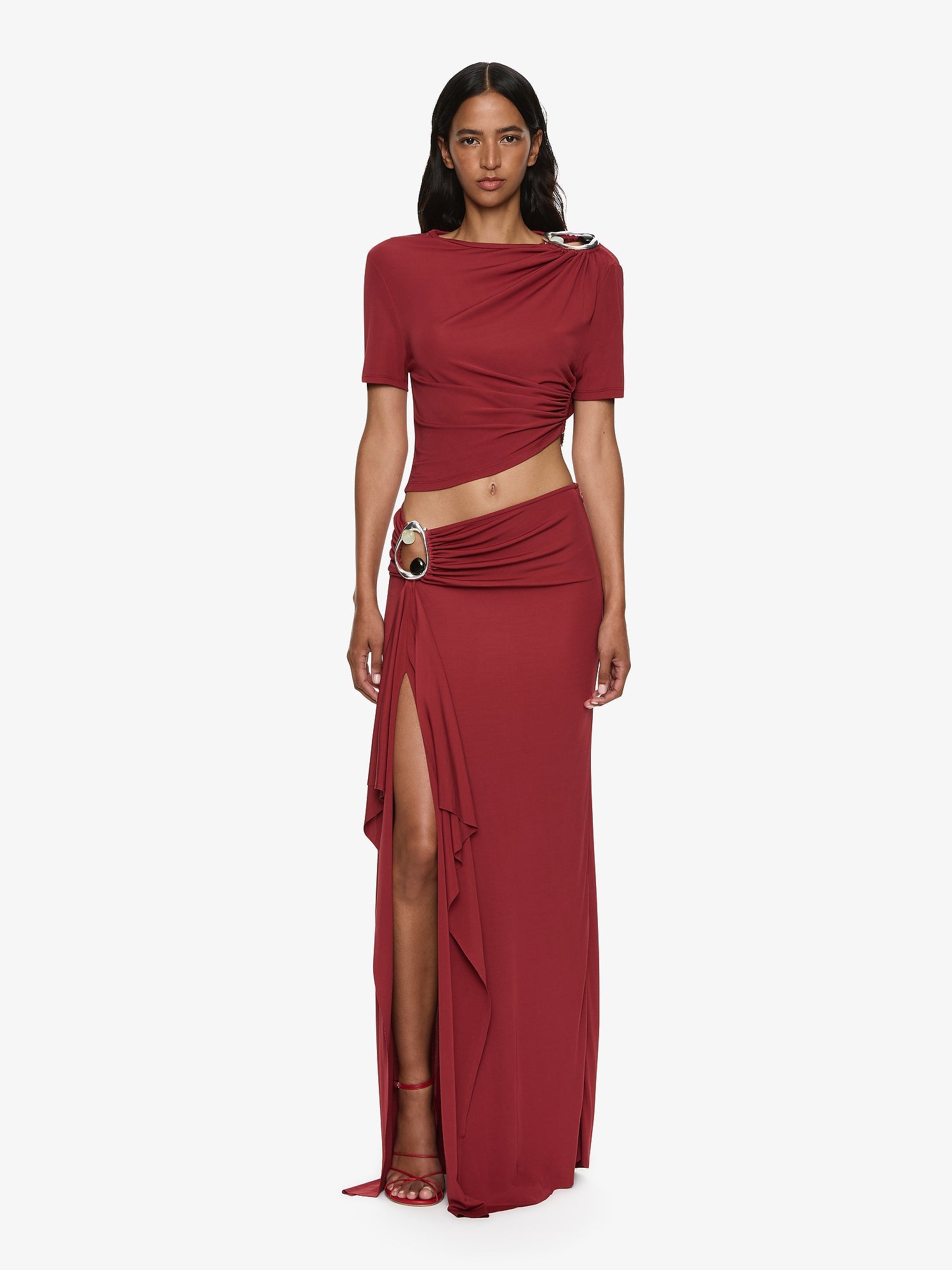 Image of a model wearing Skirts. Productname: CHRISTOPHER ESBER Orica Crystal Cascade Jersey Skirt in Wine colour by brand - CHRISTOPHER ESBER