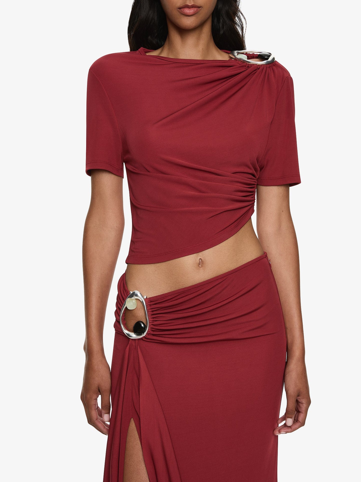 CHRISTOPHER ESBER Orica Crystal Ruched Jersey Tee (Wine)