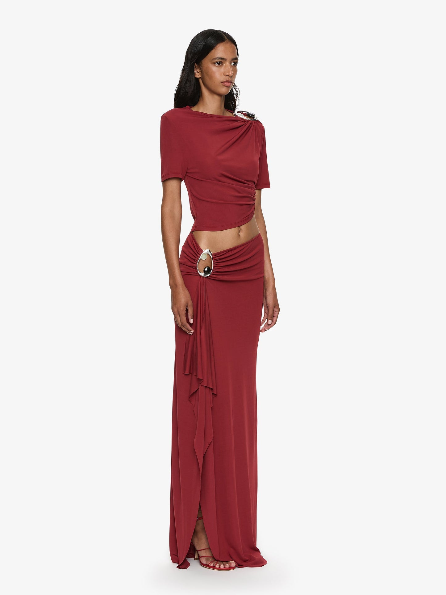 CHRISTOPHER ESBER Orica Crystal Ruched Jersey Tee (Wine)