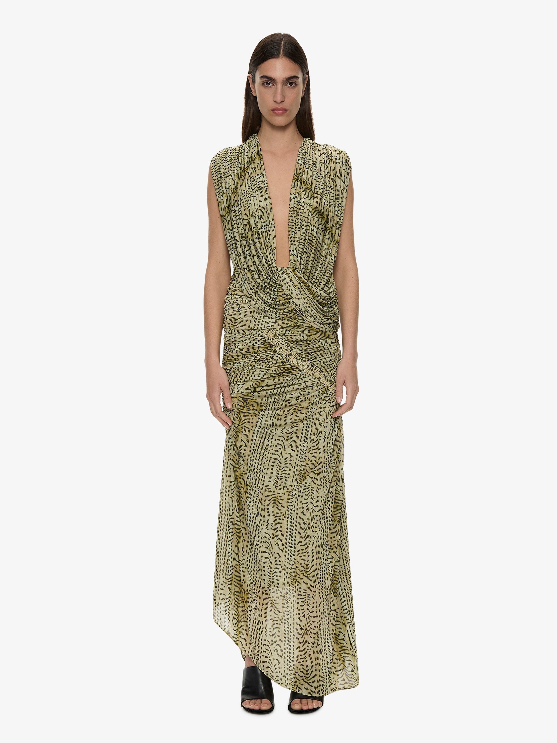Image of a model wearing Tops. Product name - Ripple Drape Top in Citrine colour by brand - CHRISTOPHER ESBER