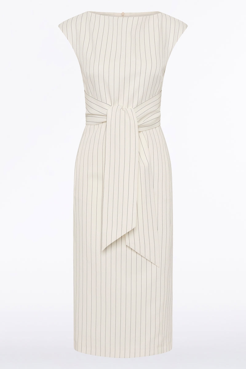 Carla Zampatti Pinstripe Linen Tie Waist Midi Dress (Ivory)