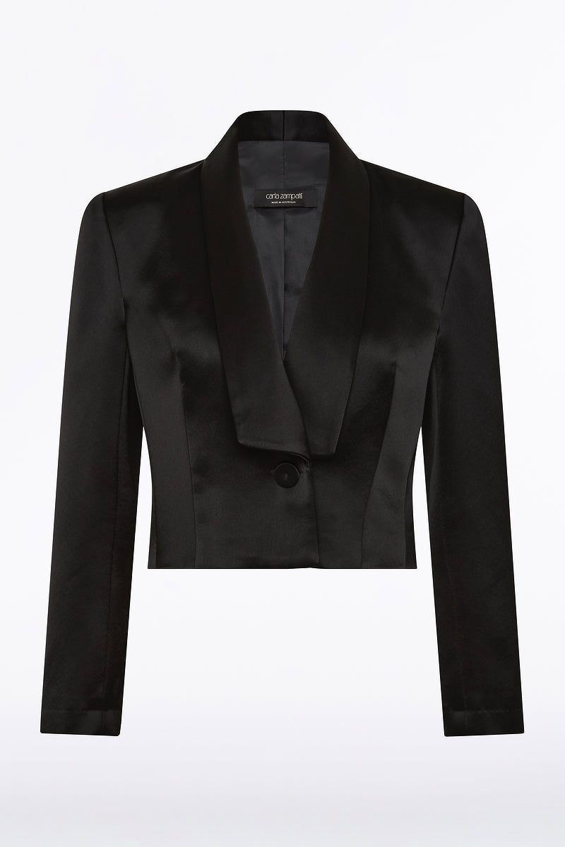 Carla Zampatti Satin Acetate Cropped Tuxedo Blazer (Black)