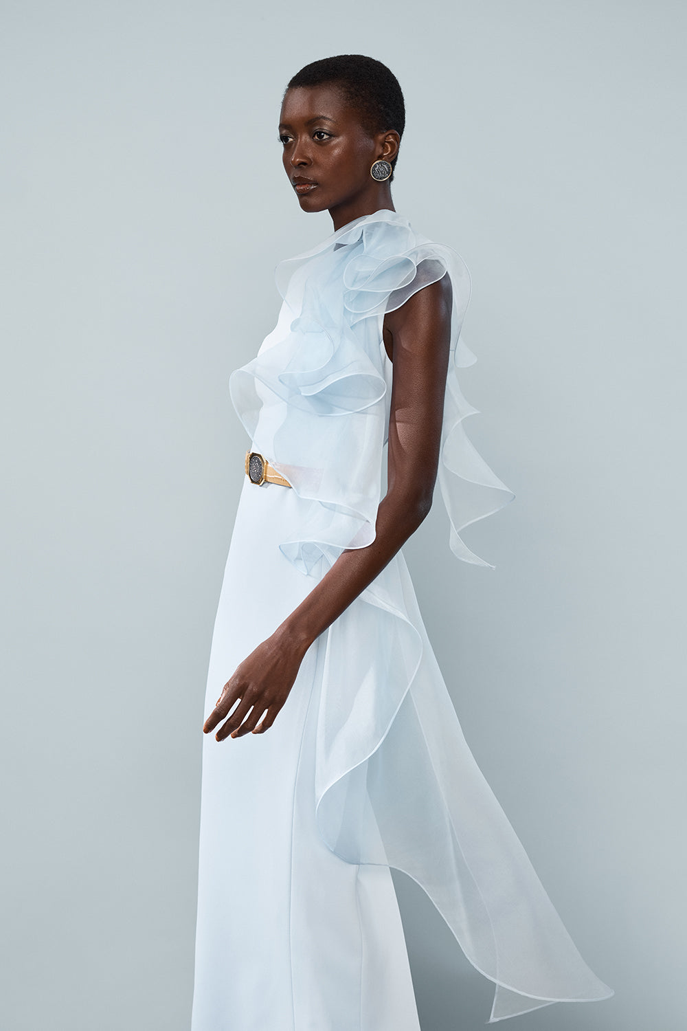 Carla Zampatti Pale Crepe Ruffle Shoulder Gown (Blue)