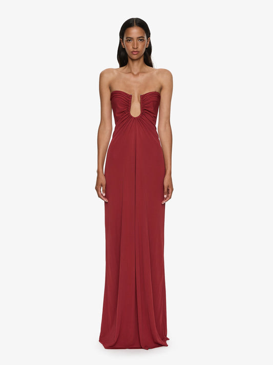 Image of Dresses. Productname: CHRISTOPHER ESBER Arced Palm Strapless Dress in Wine colour by brand - CHRISTOPHER ESBER