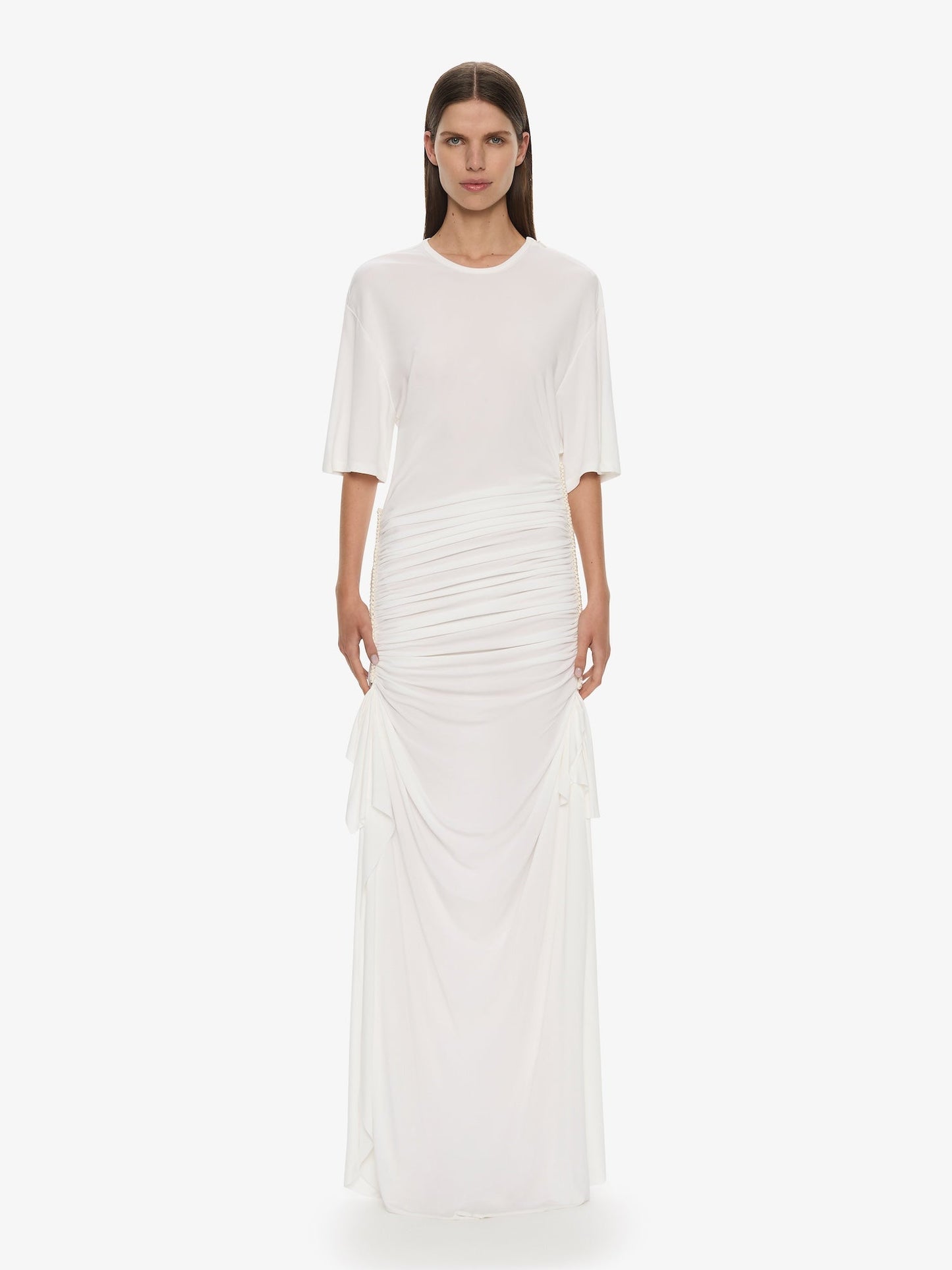 Image of a model wearing Tops. Productname: CHRISTOPHER ESBER Shibari Jersey Ruche Tee Dress in White colour by brand - CHRISTOPHER ESBER