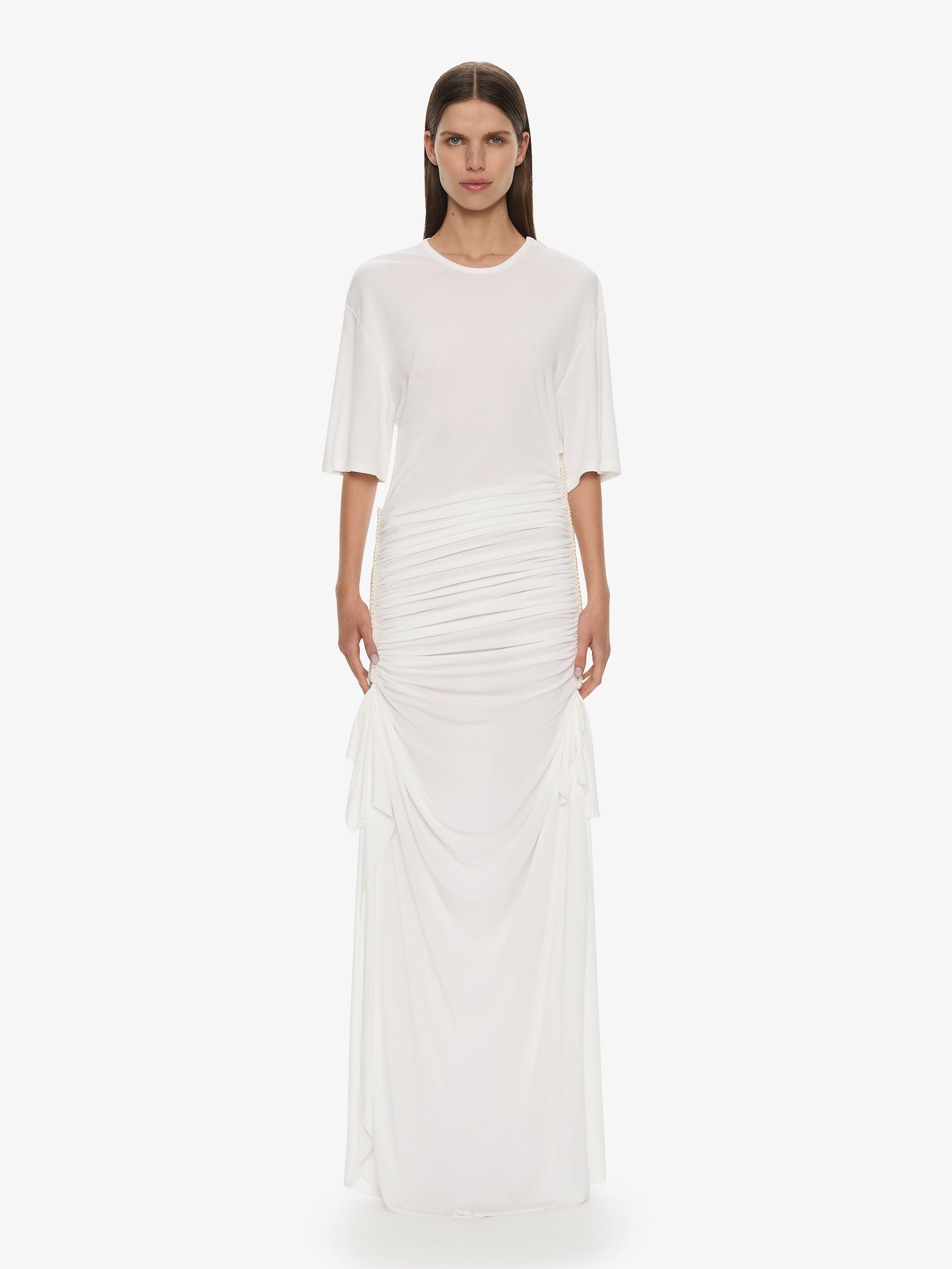 Image of a model wearing Tops. Productname: CHRISTOPHER ESBER Shibari Jersey Ruche Tee Dress in White colour by brand - CHRISTOPHER ESBER