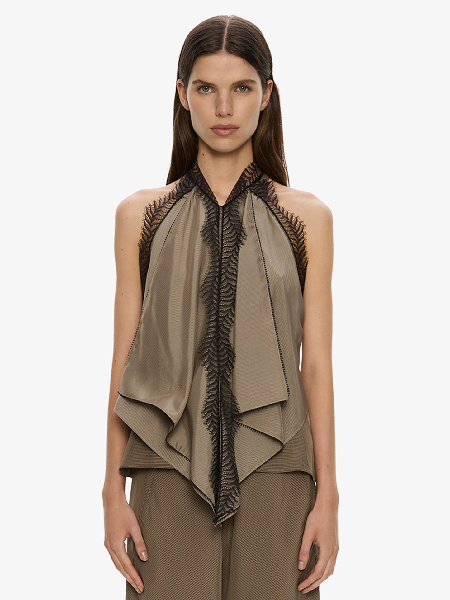 Image of a model wearing Tops. Product name - Vera Split Lace Handkerchief Top in Umber colour by brand - CHRISTOPHER ESBER
