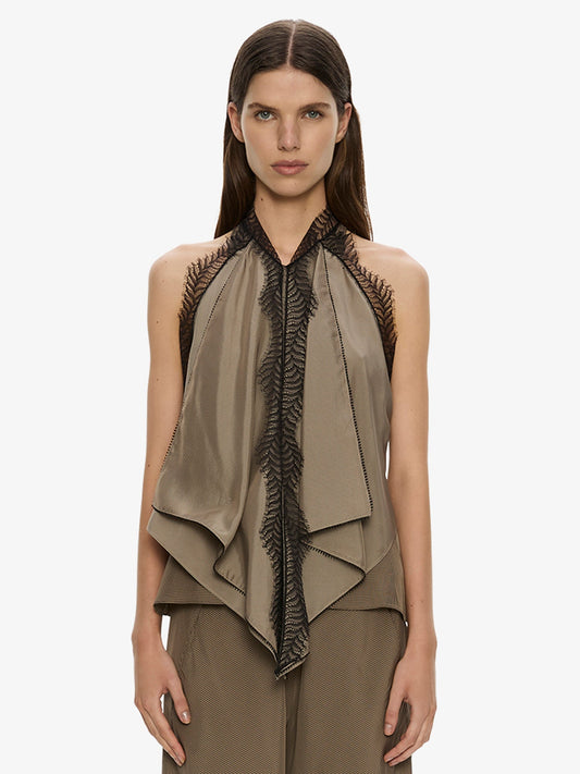 Image of a model wearing Tops. Product name - Vera Split Lace Handkerchief Top in Umber colour by brand - CHRISTOPHER ESBER