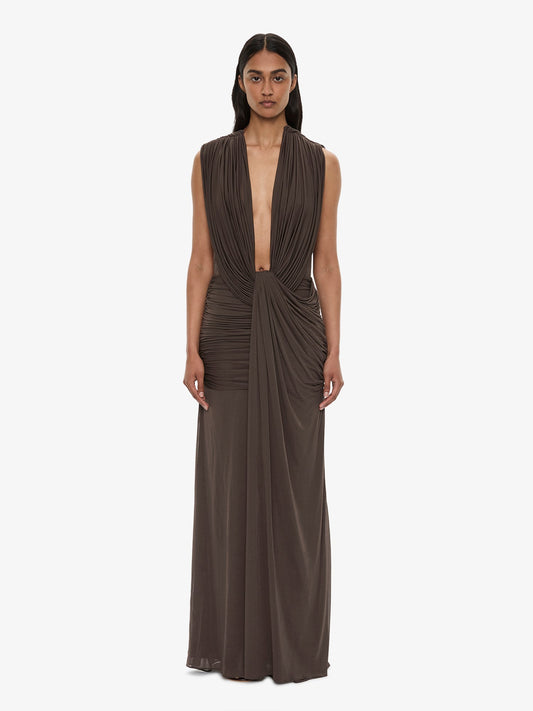 Image of Dresses. Product name - Ripple Drape Gown in Husk colour by brand - CHRISTOPHER ESBER