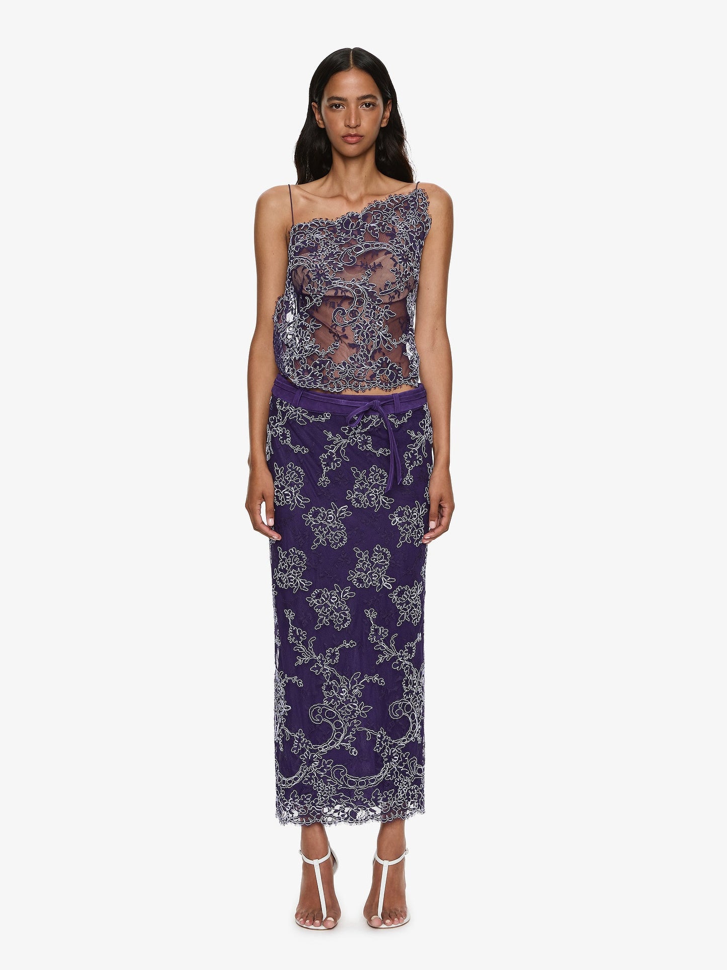Image of a model wearing Skirts. Productname: CHRISTOPHER ESBER Iris Lace Suede Belted Skirt in Viola colour by brand - CHRISTOPHER ESBER