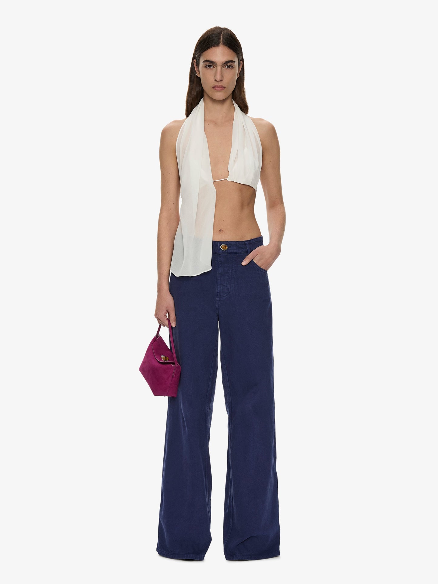Image of a model wearing Tops. Product name - Silk Scarf Chain Bra Top in White colour by brand - CHRISTOPHER ESBER