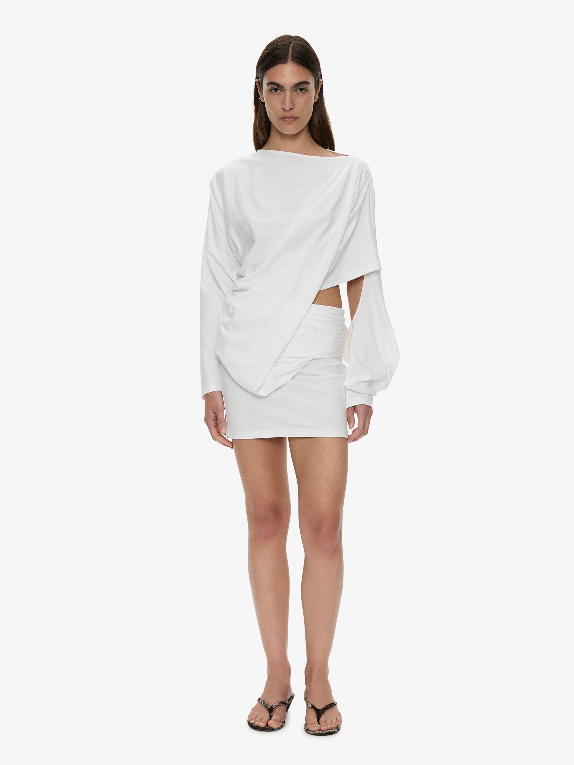 Image of Dresses. Product name - Aiba Draped Cotton Jersey Long Sleeve Dress in White colour by brand - CHRISTOPHER ESBER