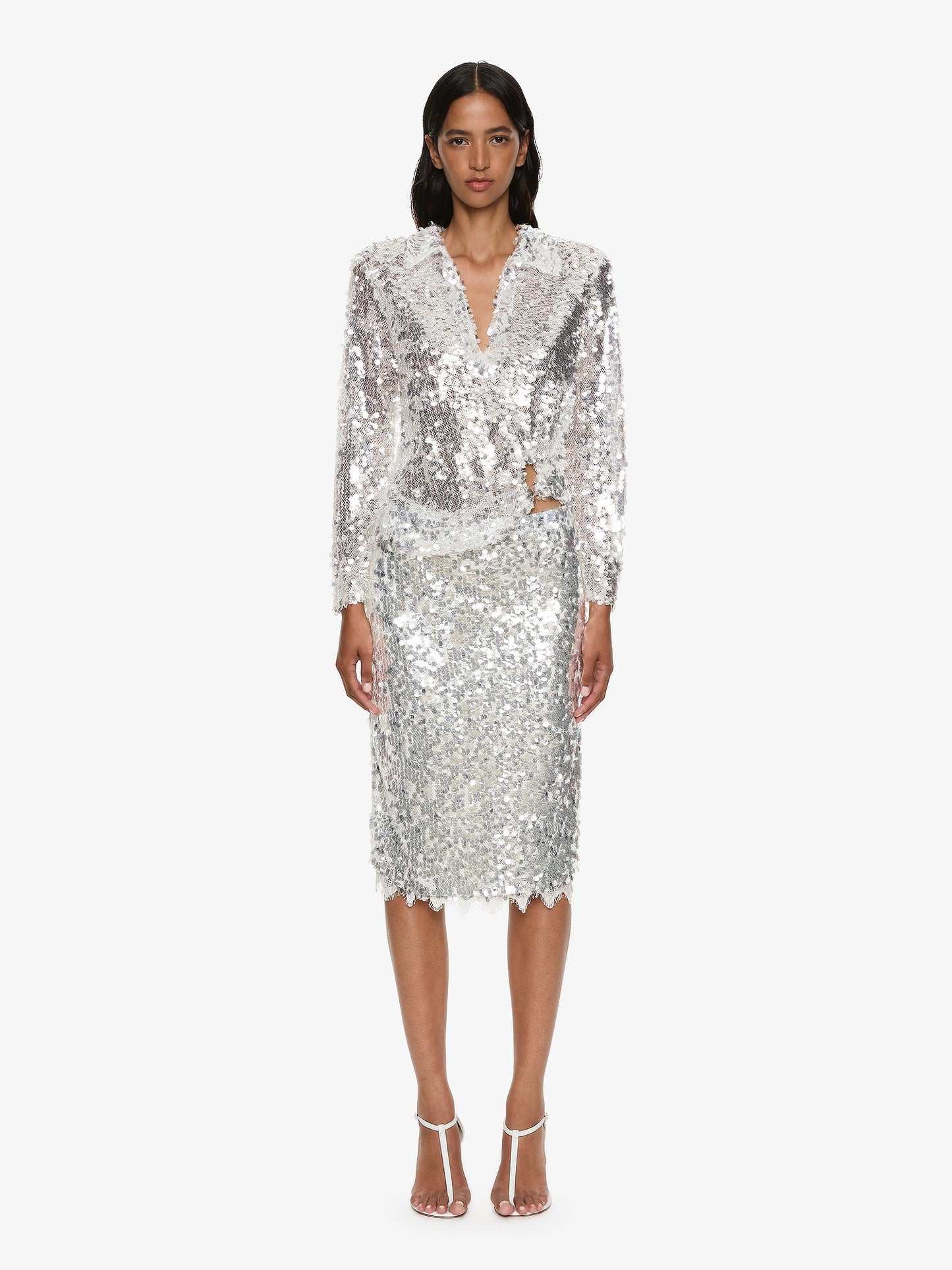 Image of a model wearing Skirts. Productname: CHRISTOPHER ESBER Opaline Sequin Skirt in Silver colour by brand - CHRISTOPHER ESBER